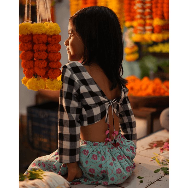 Love The World Today Noor Cotton Black White Checks Top With Floral Lehenga Set- Girls