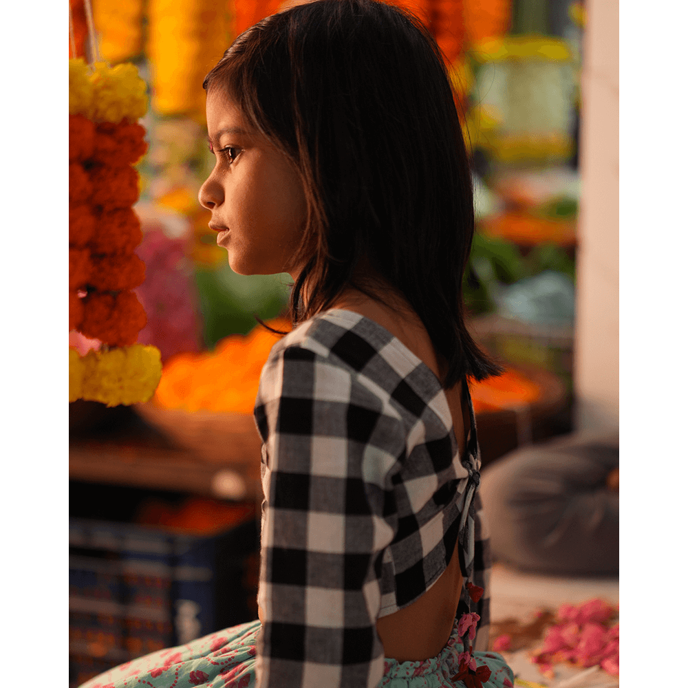 Love The World Today Noor Cotton Black White Checks Top With Floral Lehenga Set- Girls