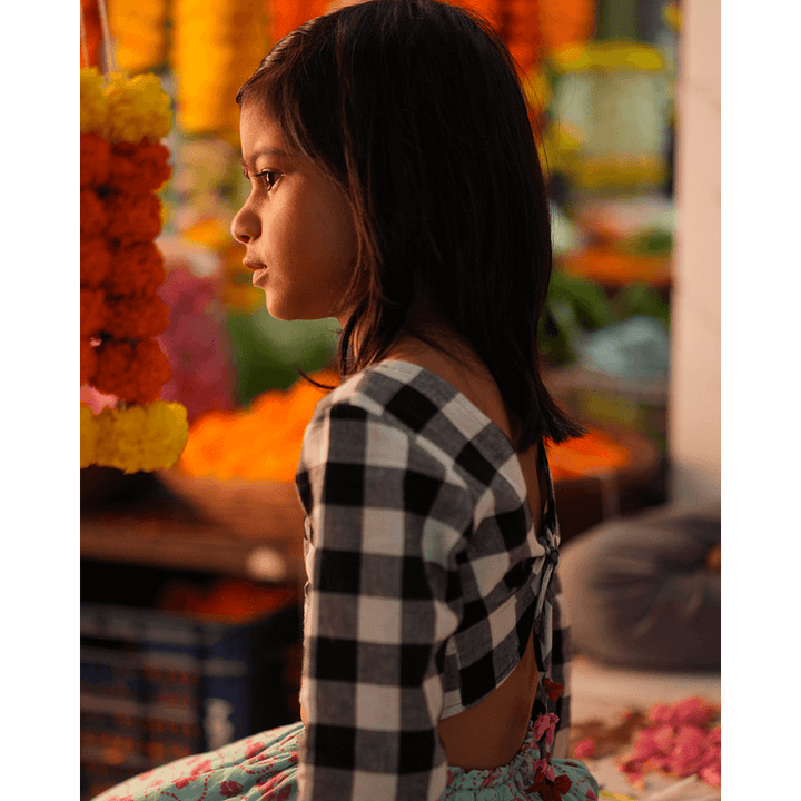 Love The World Today Noor Cotton Black White Checks Top With Floral Lehenga Set- Girls