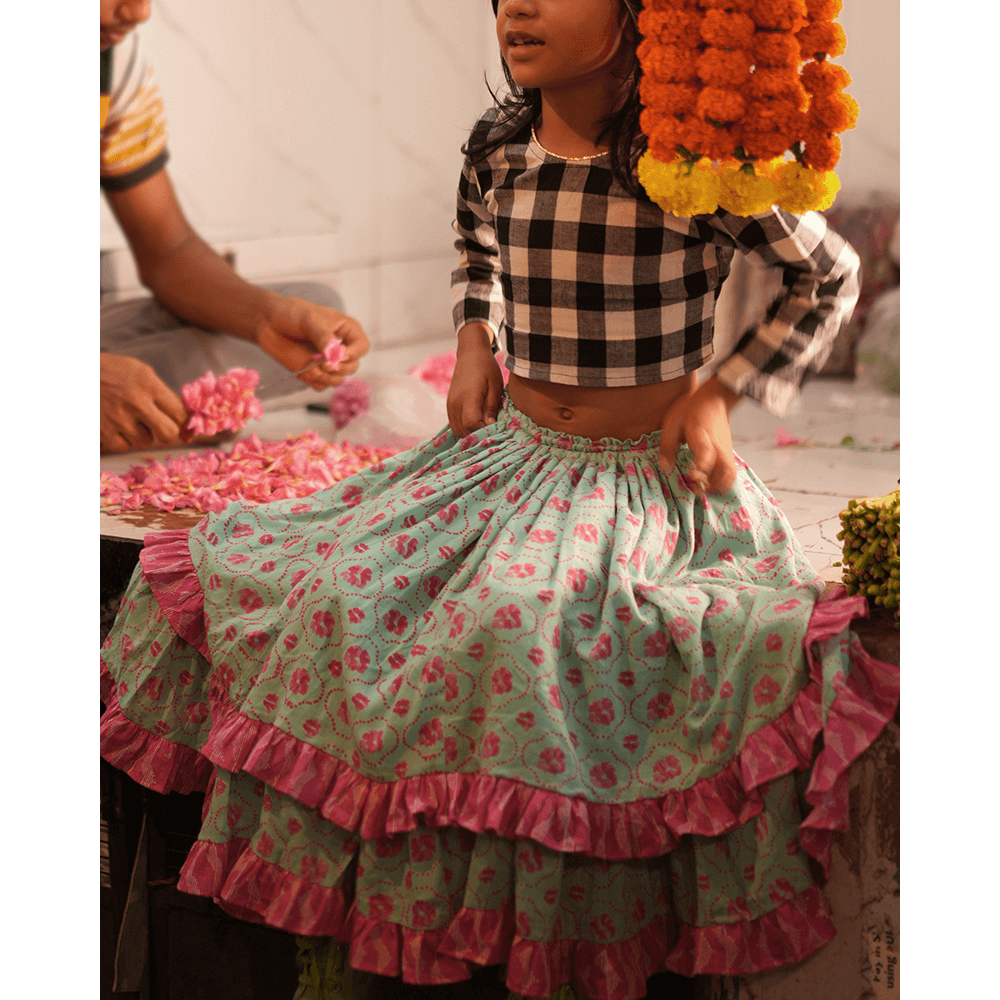 Love The World Today Noor Cotton Black White Checks Top With Floral Lehenga Set- Girls
