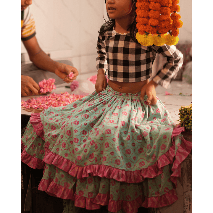 Love The World Today Noor Cotton Black White Checks Top With Floral Lehenga Set- Girls