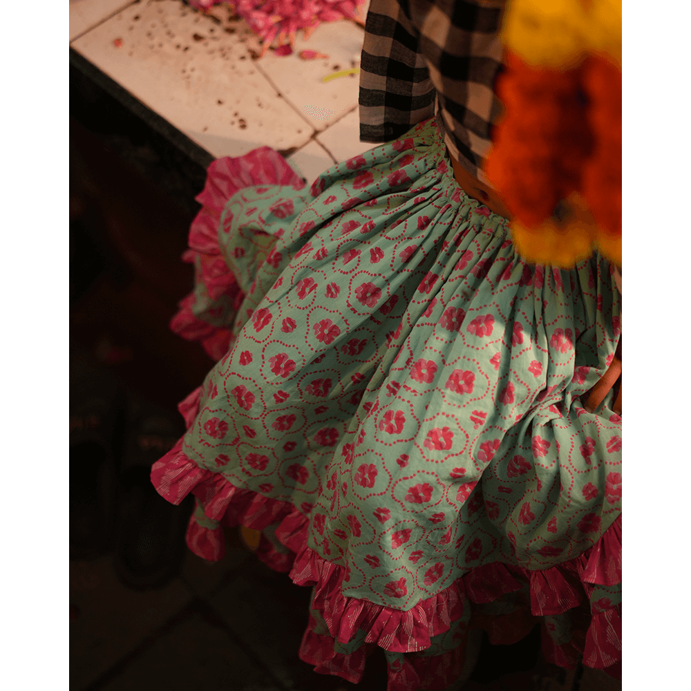 Love The World Today Noor Cotton Black White Checks Top With Floral Lehenga Set- Girls