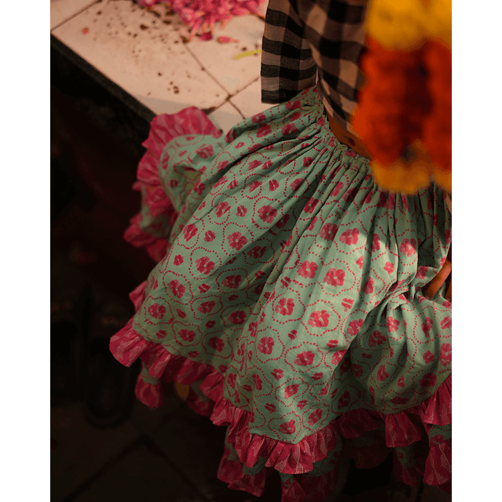 Love The World Today Noor Cotton Black White Checks Top With Floral Lehenga Set- Girls
