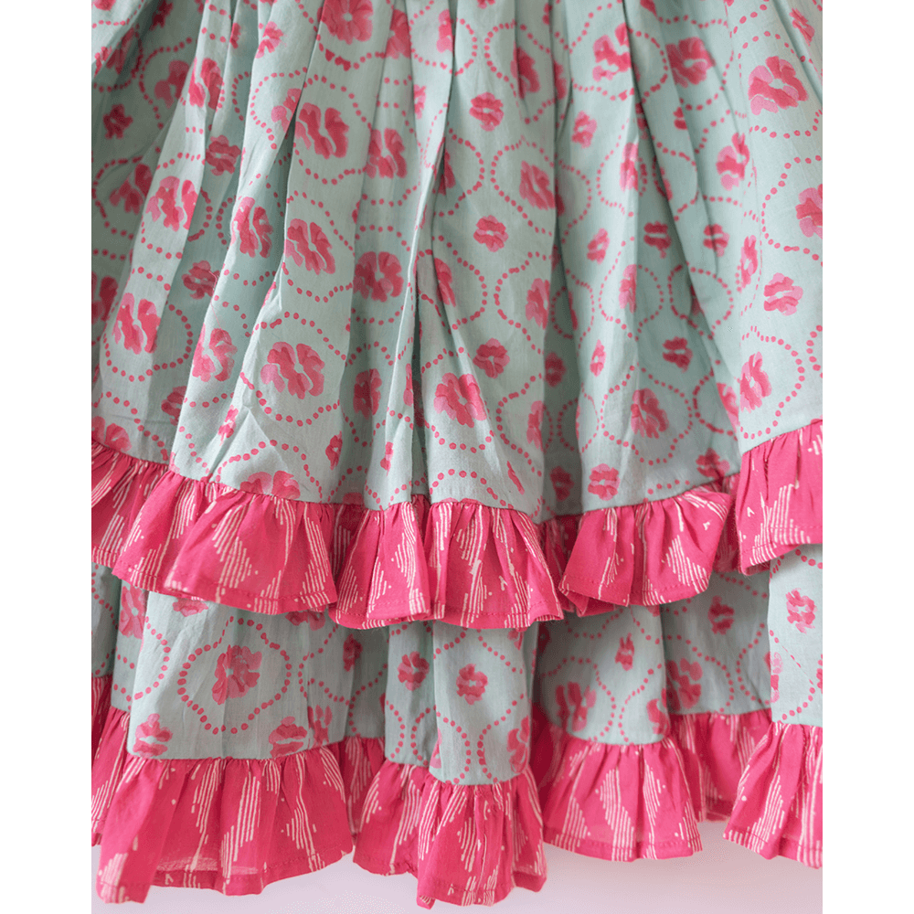Love The World Today Noor Cotton Black White Checks Top With Floral Lehenga Set- Girls
