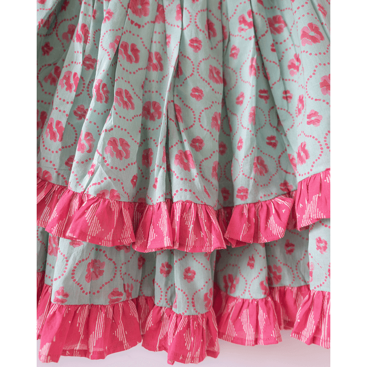 Love The World Today Noor Cotton Black White Checks Top With Floral Lehenga Set- Girls