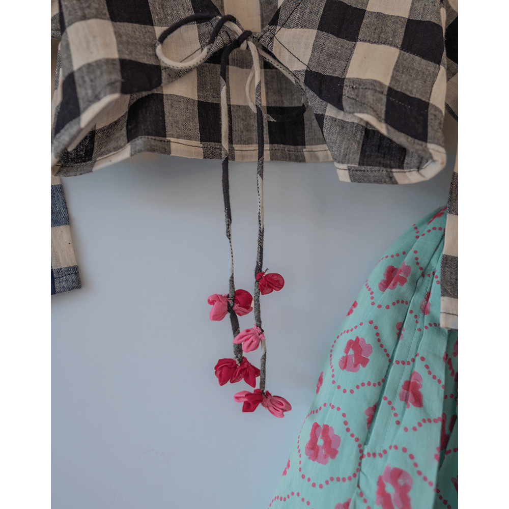 Love The World Today Noor Cotton Black White Checks Top With Floral Lehenga Set- Girls
