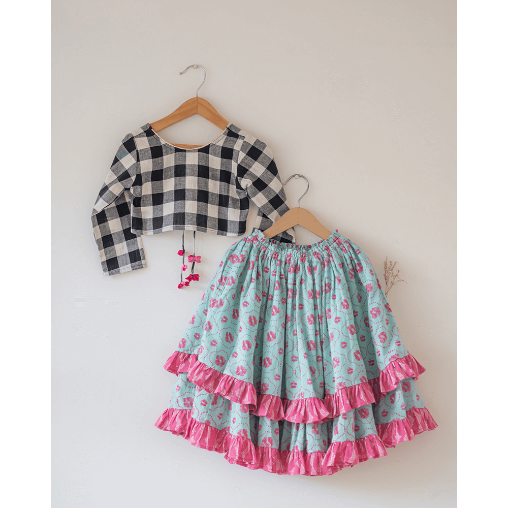 Love The World Today Noor Cotton Black White Checks Top With Floral Lehenga Set- Girls
