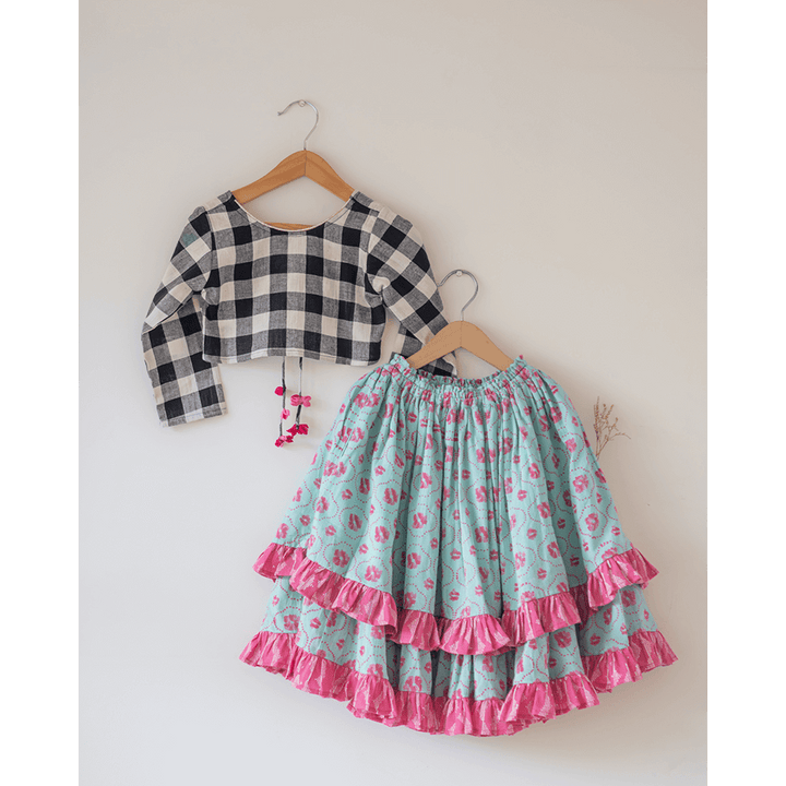 Love The World Today Noor Cotton Black White Checks Top With Floral Lehenga Set- Girls