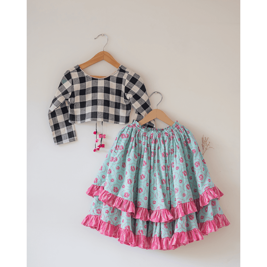 Love the World Today Noor Cotton Black White Checks Top With Floral Lehenga Set- Girls