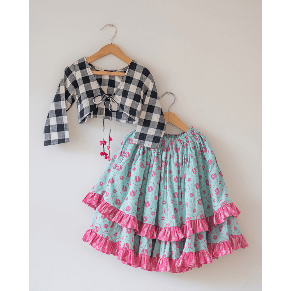Love The World Today Noor Cotton Black White Checks Top With Floral Lehenga Set- Girls