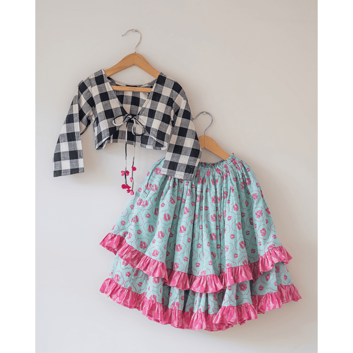 Love The World Today Noor Cotton Black White Checks Top With Floral Lehenga Set- Girls