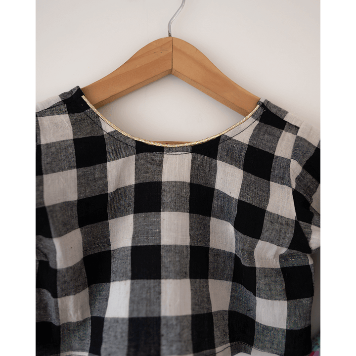 Love The World Today Noor Cotton Black White Checks Top With Floral Lehenga Set- Girls