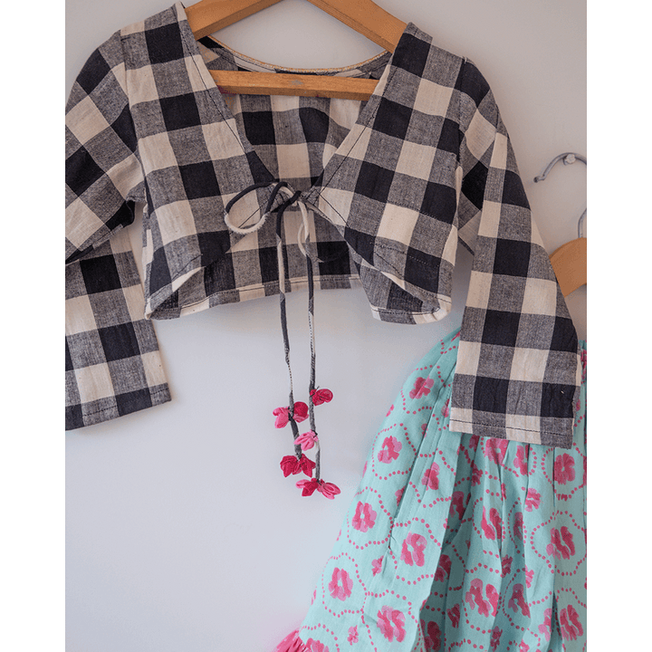 Love The World Today Noor Cotton Black White Checks Top With Floral Lehenga Set- Girls