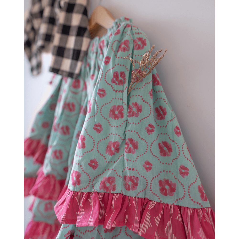 Love The World Today Noor Cotton Black White Checks Top With Floral Lehenga Set- Girls