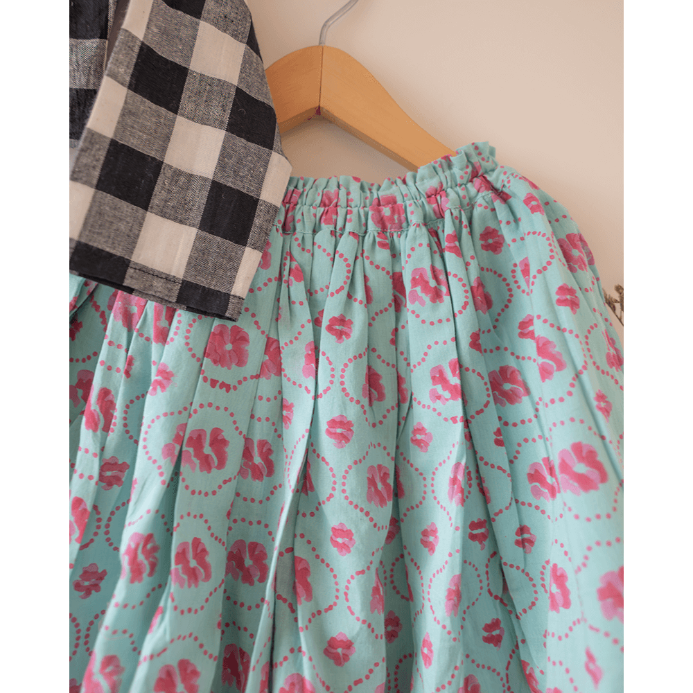 Love The World Today Noor Cotton Black White Checks Top With Floral Lehenga Set- Girls