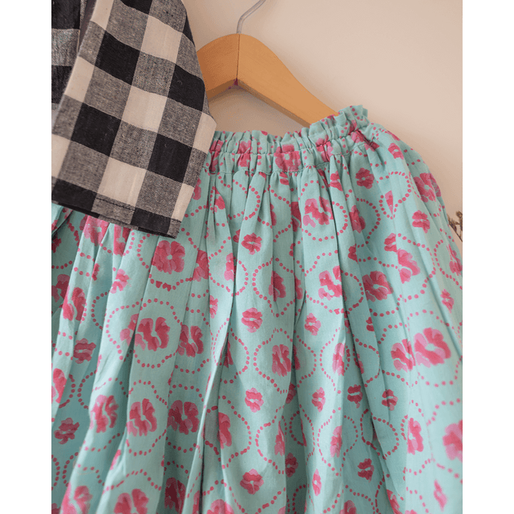 Love The World Today Noor Cotton Black White Checks Top With Floral Lehenga Set- Girls