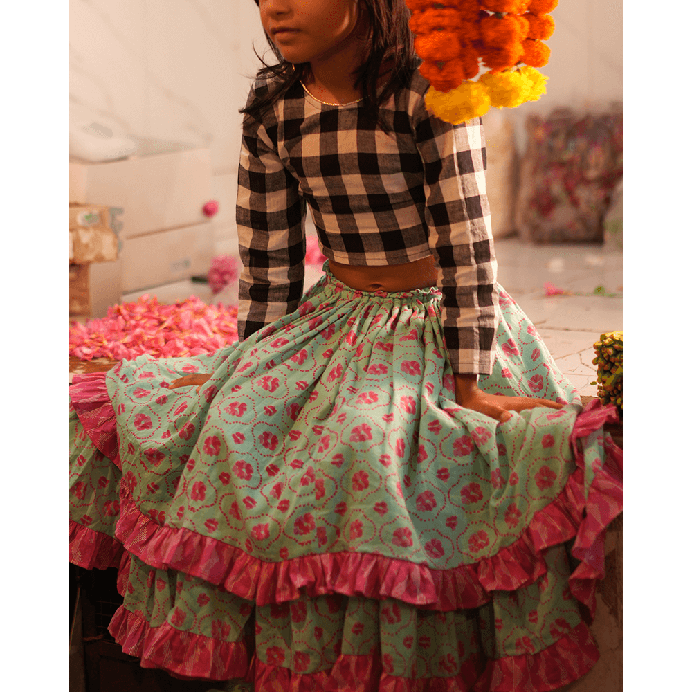 Love The World Today Noor Cotton Black White Checks Top With Floral Lehenga Set- Girls