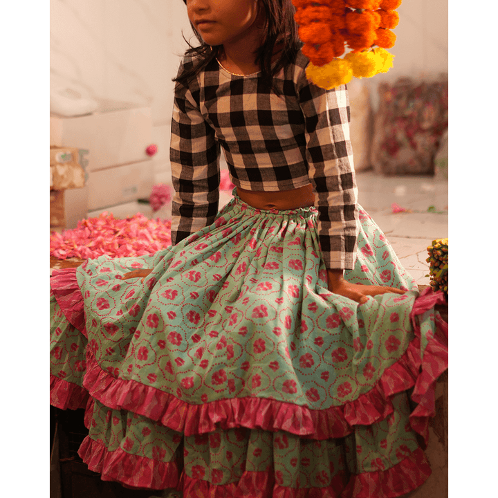 Love The World Today Noor Cotton Black White Checks Top With Floral Lehenga Set- Girls