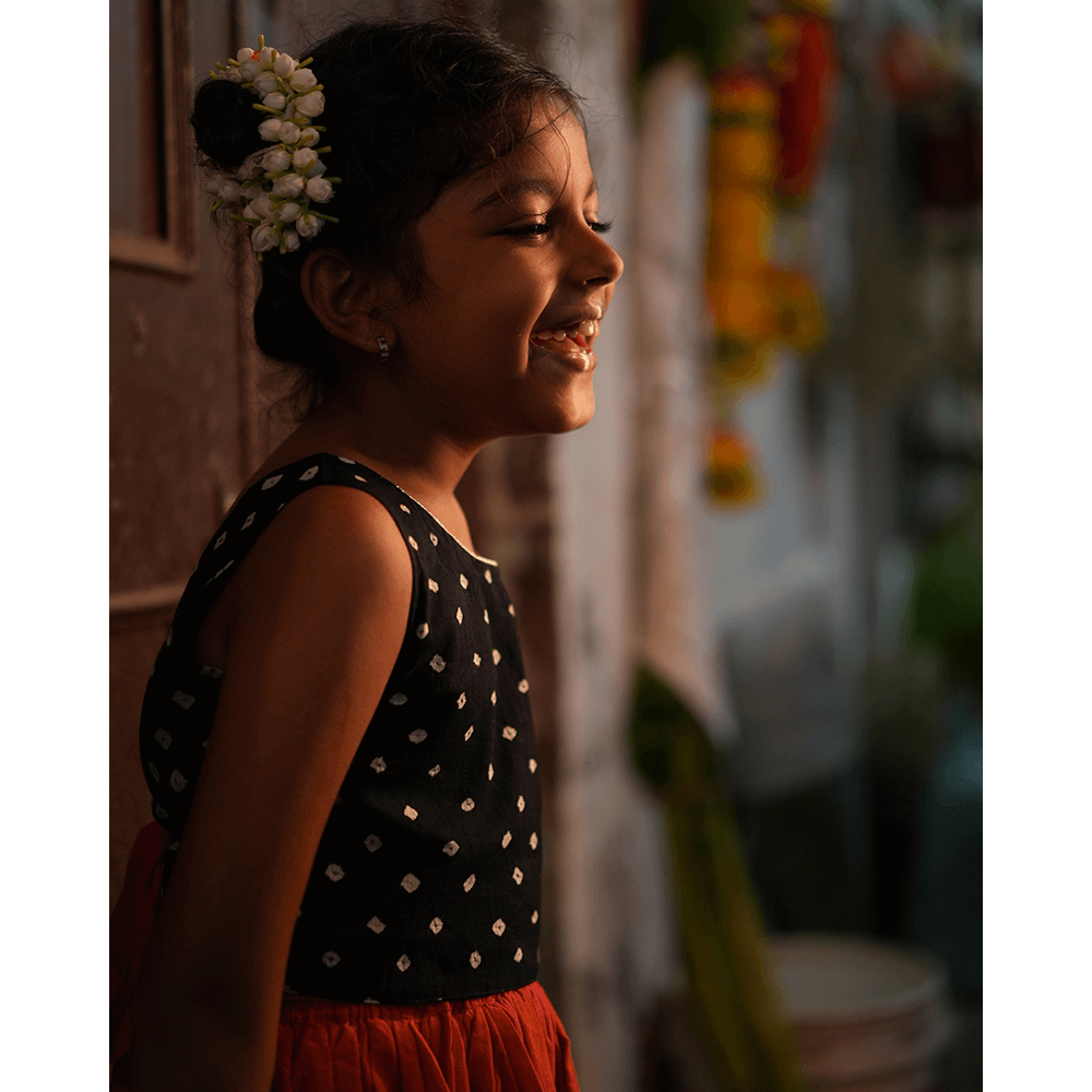 Love the World Today Laddoo Cotton Black Bandhani Top With Checkered Lehenga Set- Girls