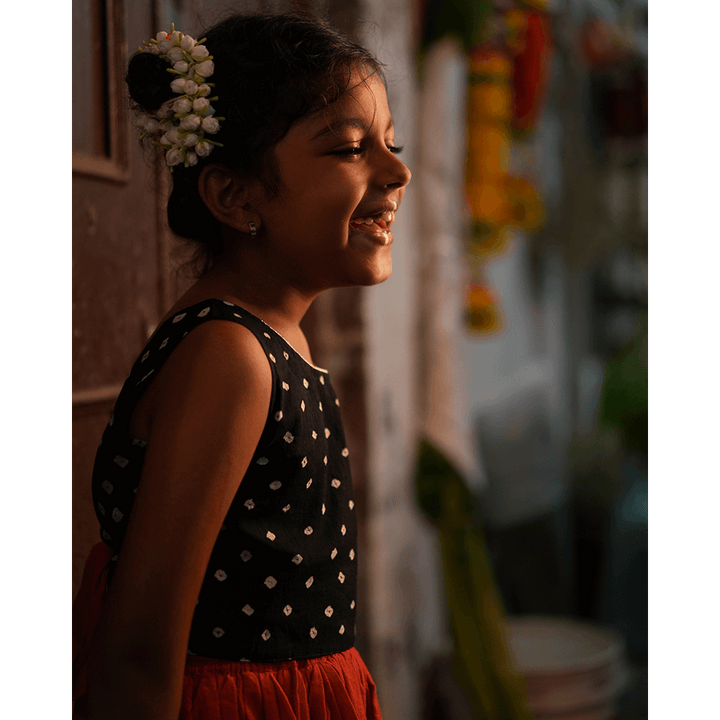 Love the World Today Laddoo Cotton Black Bandhani Top With Checkered Lehenga Set- Girls