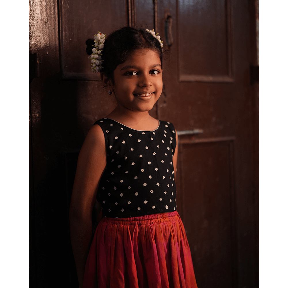 Love the World Today Laddoo Cotton Black Bandhani Top With Checkered Lehenga Set- Girls