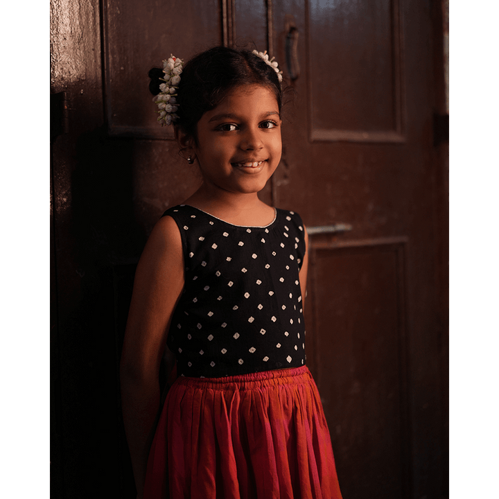 Love the World Today Laddoo Cotton Black Bandhani Top With Checkered Lehenga Set- Girls