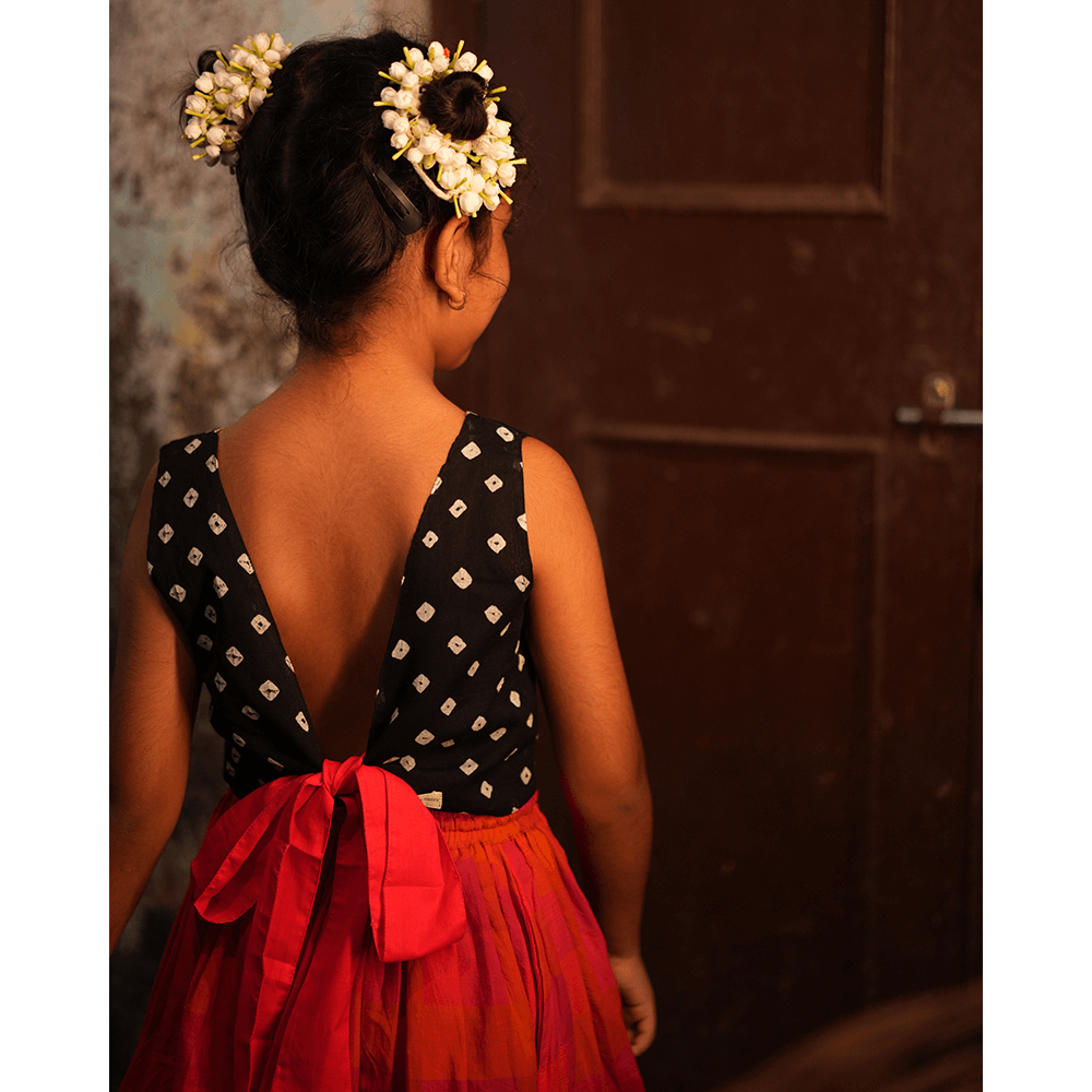 Love the World Today Laddoo Cotton Black Bandhani Top With Checkered Lehenga Set- Girls