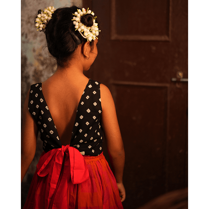 Love the World Today Laddoo Cotton Black Bandhani Top With Checkered Lehenga Set- Girls