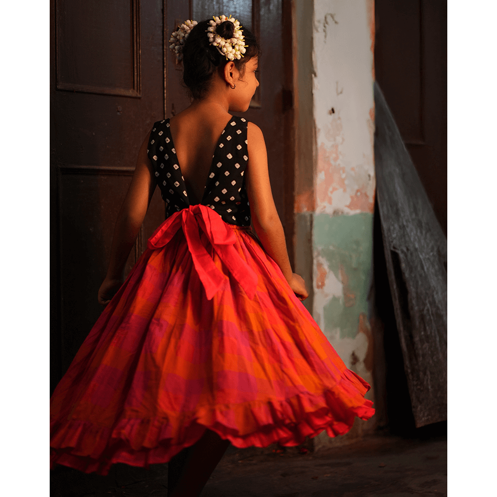 Love the World Today Laddoo Cotton Black Bandhani Top With Checkered Lehenga Set- Girls