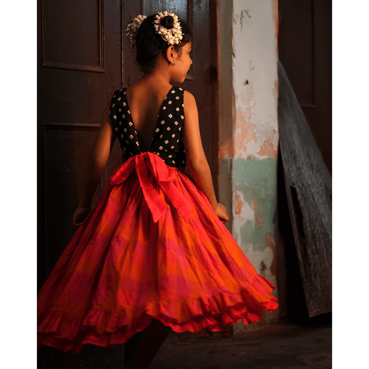 Love the World Today Laddoo Cotton Black Bandhani Top With Checkered Lehenga Set- Girls