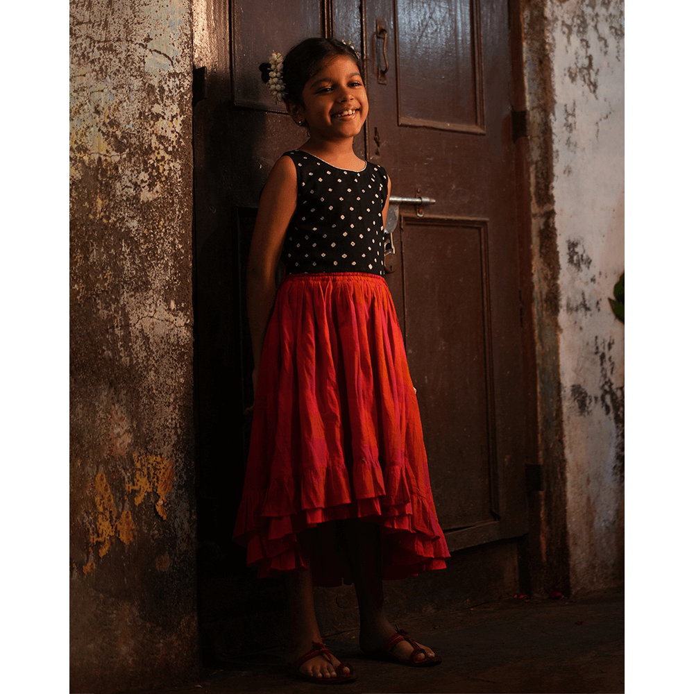 Love the World Today Laddoo Cotton Black Bandhani Top With Checkered Lehenga Set- Girls