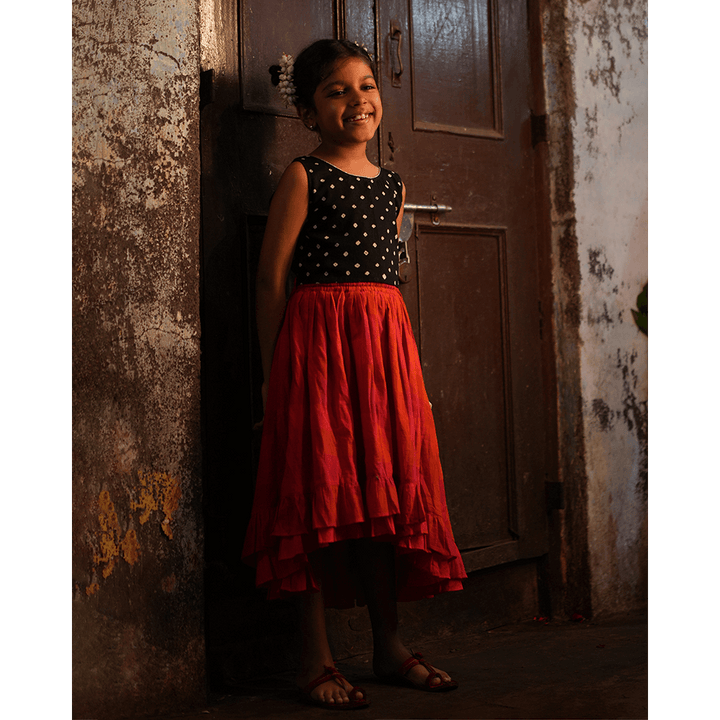 Love the World Today Laddoo Cotton Black Bandhani Top With Checkered Lehenga Set- Girls