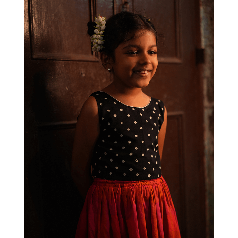Love the World Today Laddoo Cotton Black Bandhani Top With Checkered Lehenga Set- Girls