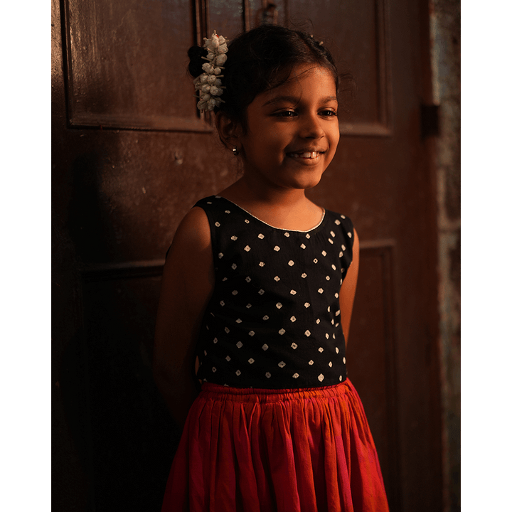 Love the World Today Laddoo Cotton Black Bandhani Top With Checkered Lehenga Set- Girls