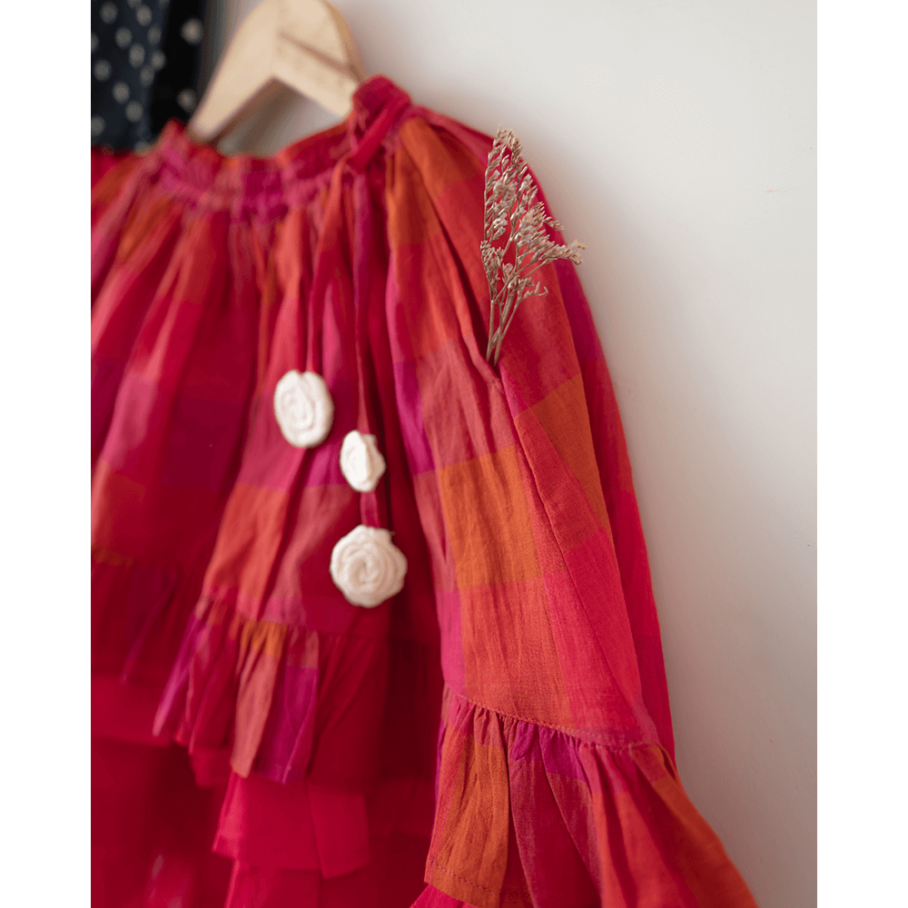 Love the World Today Laddoo Cotton Black Bandhani Top With Checkered Lehenga Set- Girls