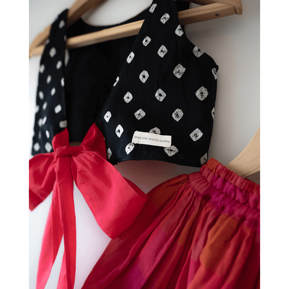 Love the World Today Laddoo Cotton Black Bandhani Top With Checkered Lehenga Set- Girls