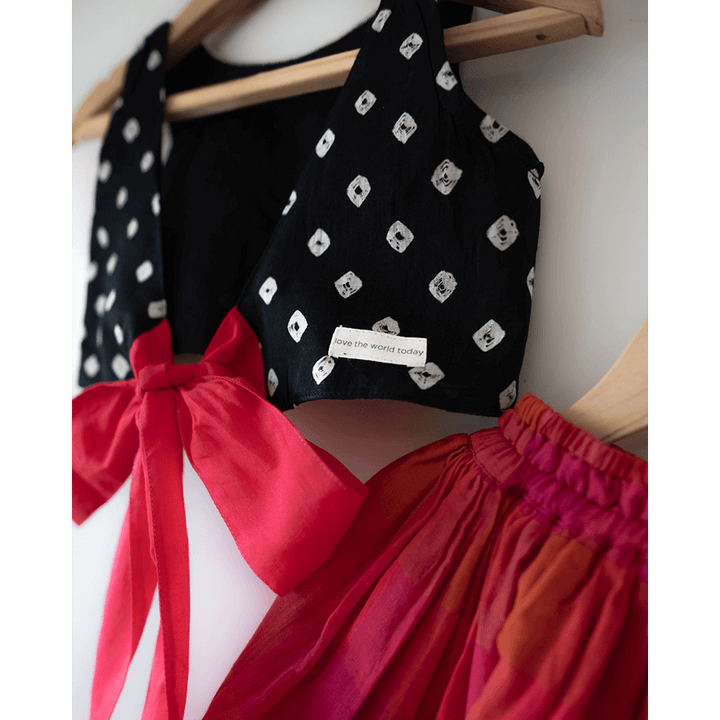 Love the World Today Laddoo Cotton Black Bandhani Top With Checkered Lehenga Set- Girls