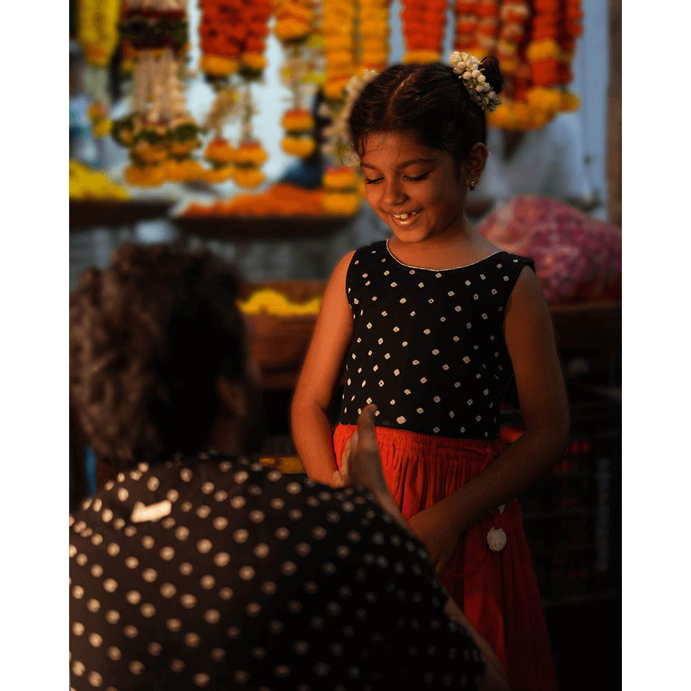 Love the World Today Laddoo Cotton Black Bandhani Top With Checkered Lehenga Set- Girls