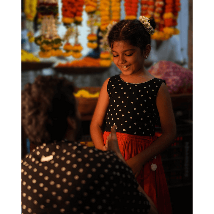 Love the World Today Laddoo Cotton Black Bandhani Top With Checkered Lehenga Set- Girls