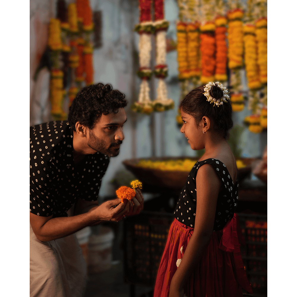 Love the World Today Laddoo Cotton Black Bandhani Top With Checkered Lehenga Set- Girls