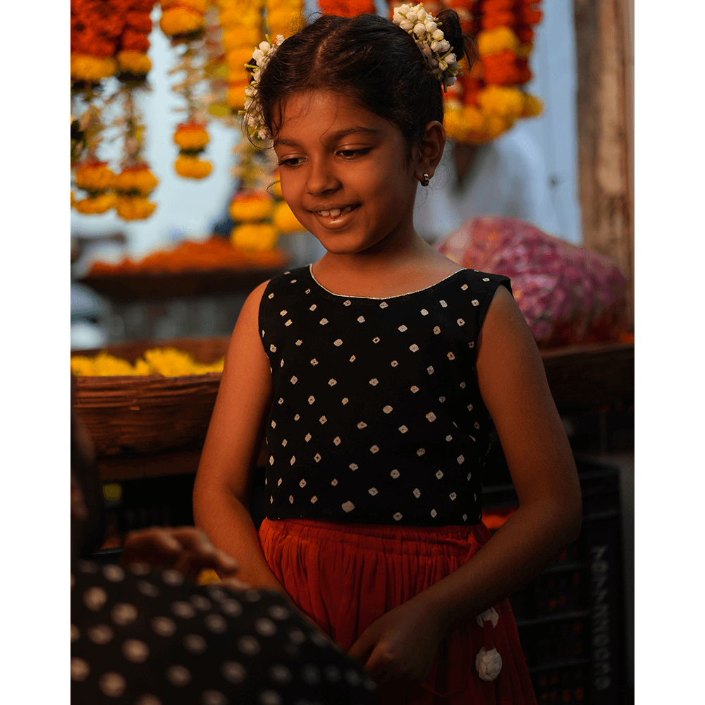 Love the World Today Laddoo Cotton Black Bandhani Top With Checkered Lehenga Set- Girls