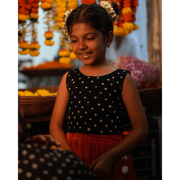 Love the World Today Laddoo Cotton Black Bandhani Top With Checkered Lehenga Set- Girls