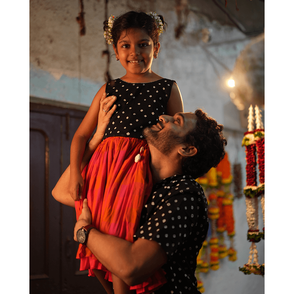 Love the World Today Laddoo Cotton Black Bandhani Top With Checkered Lehenga Set- Girls