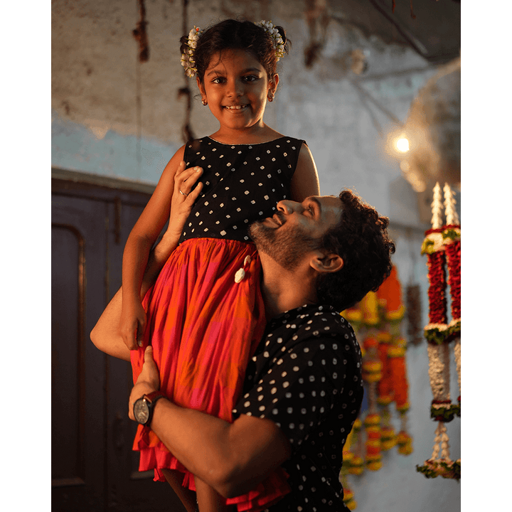 Love the World Today Laddoo Cotton Black Bandhani Top With Checkered Lehenga Set- Girls