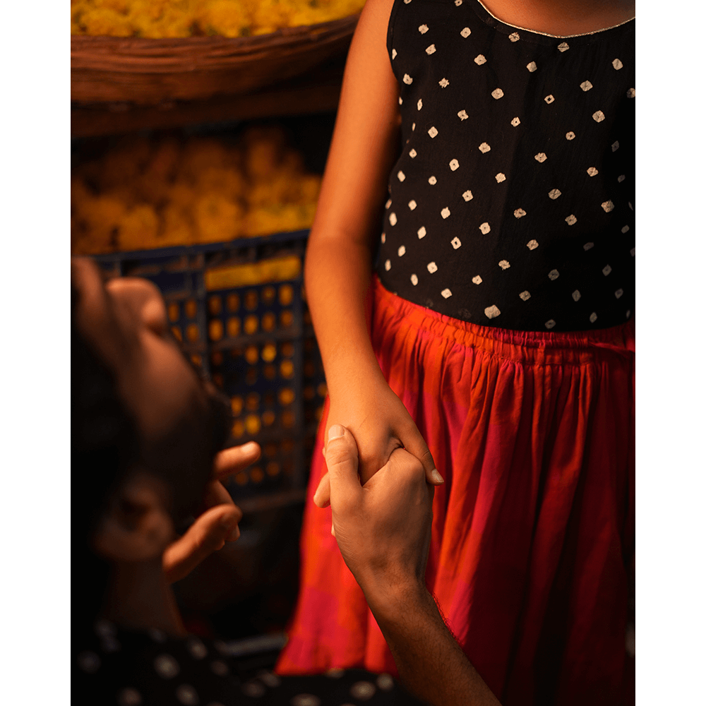 Love the World Today Laddoo Cotton Black Bandhani Top With Checkered Lehenga Set- Girls