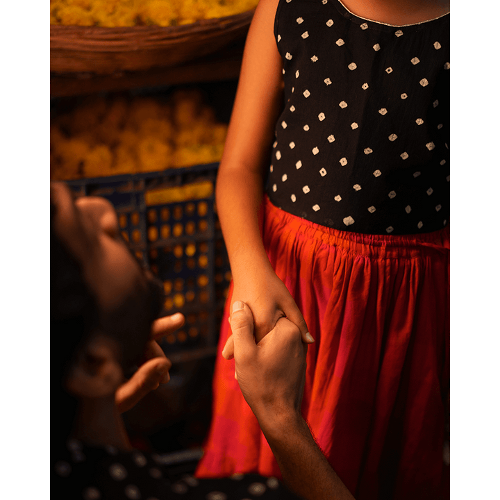 Love the World Today Laddoo Cotton Black Bandhani Top With Checkered Lehenga Set- Girls