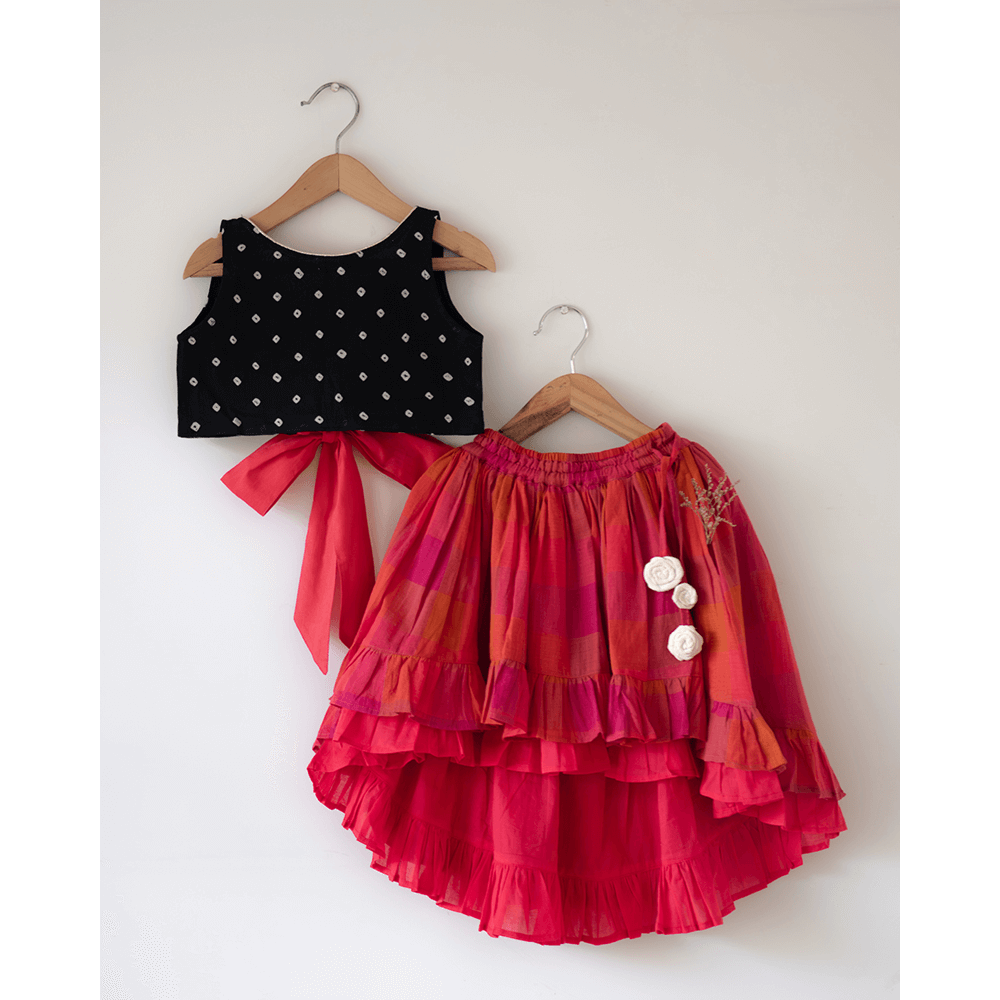 Love the World Today Laddoo Cotton Black Bandhani Top With Checkered Lehenga Set- Girls