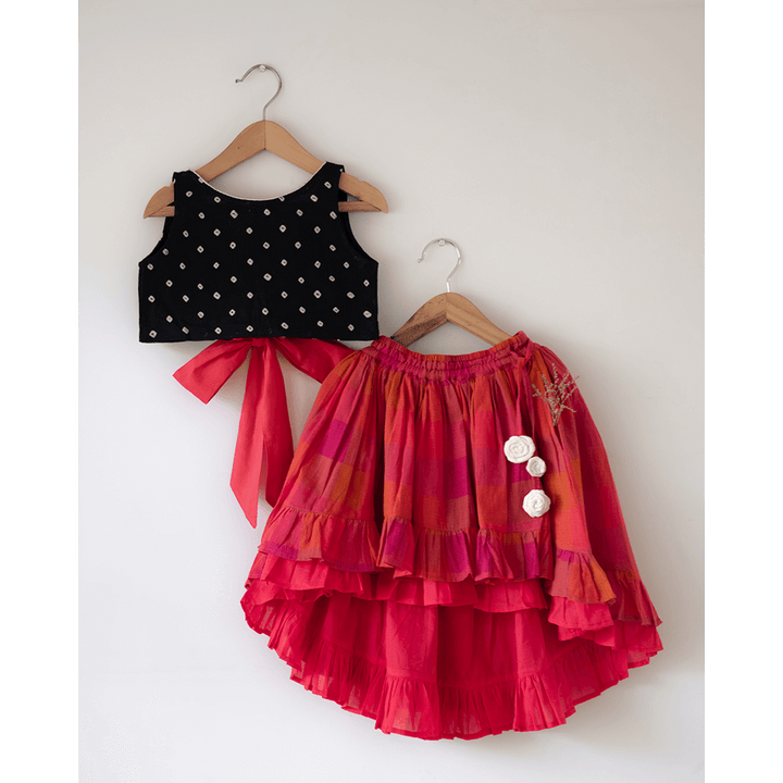Love the World Today Laddoo Cotton Black Bandhani Top With Checkered Lehenga Set- Girls