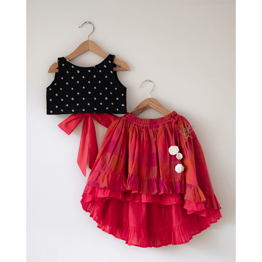 Love the World Today Laddoo Cotton Black Bandhani Top With Checkered Lehenga Set- Girls