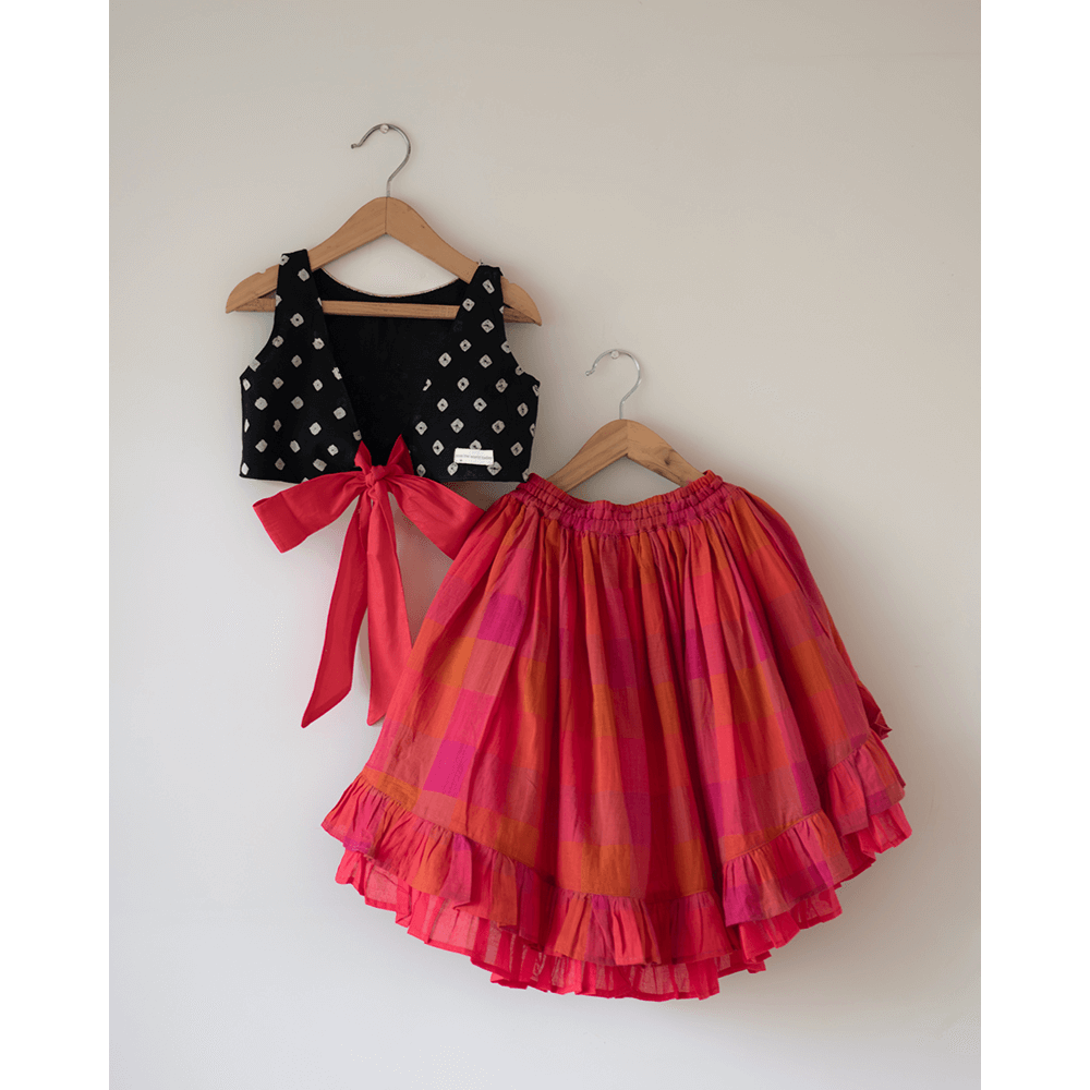 Love the World Today Laddoo Cotton Black Bandhani Top With Checkered Lehenga Set- Girls